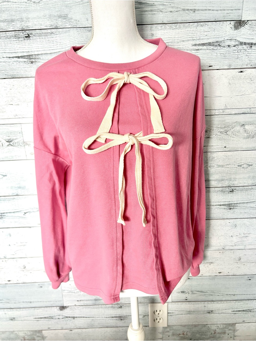 ViVI Pink Long-Sleeve Top with Cream Bow Ties